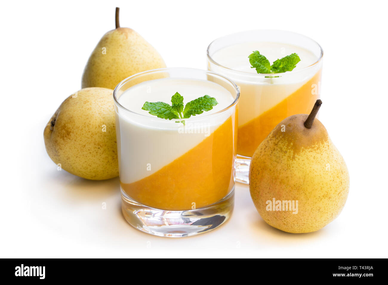 Panna  cotta with pear jelly in clear glass isolated on white Stock Photo