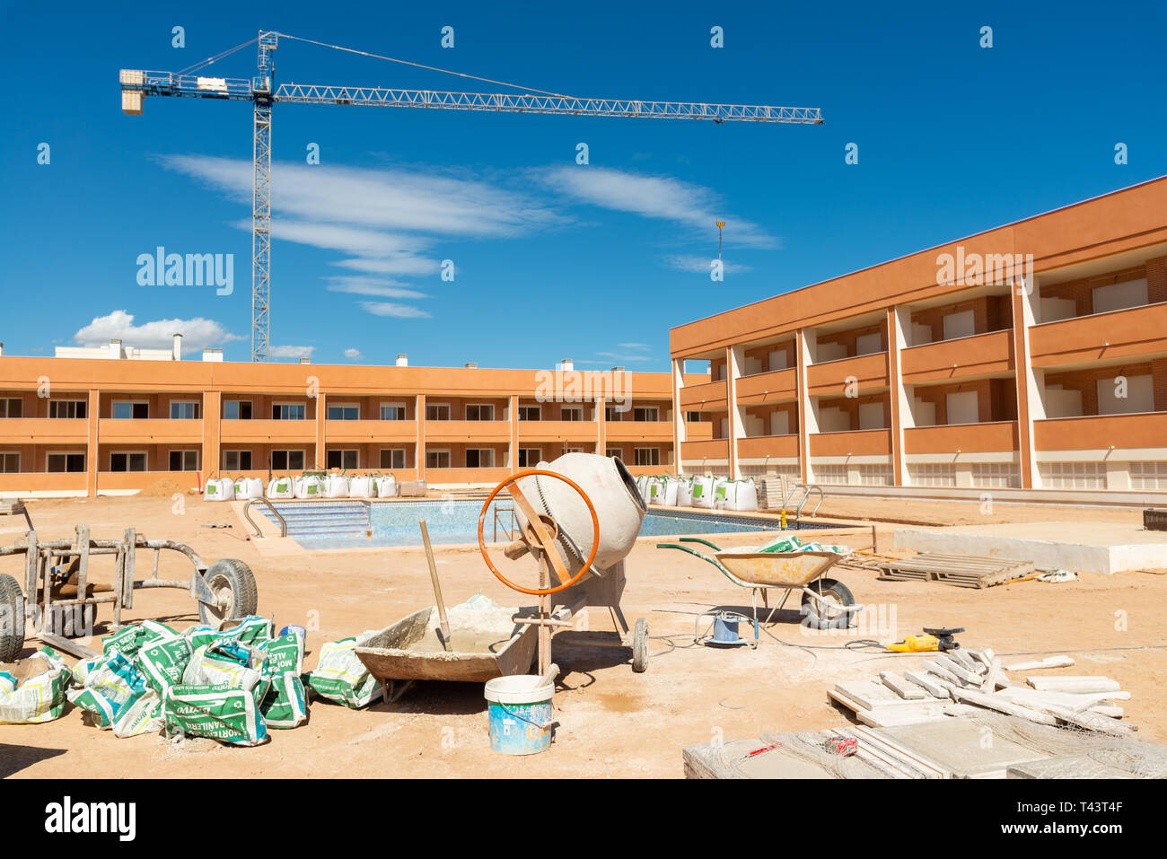 Unfinished property development under construction in new town of Gran Alacant close to Alicante, Costa Blanca, Spain Stock Photo
