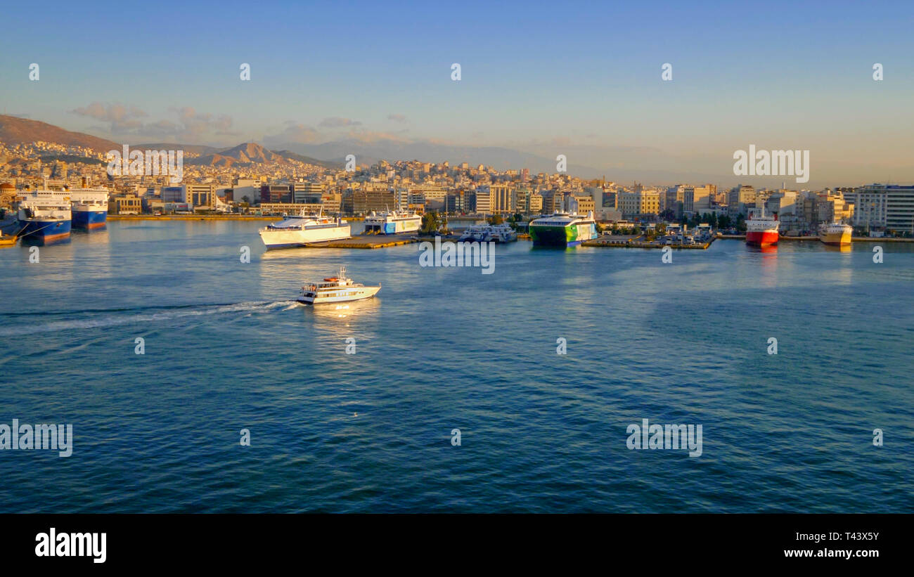 Port of Piraeus in Athens, Greece, logos blurred for commercial use Stock Photo
