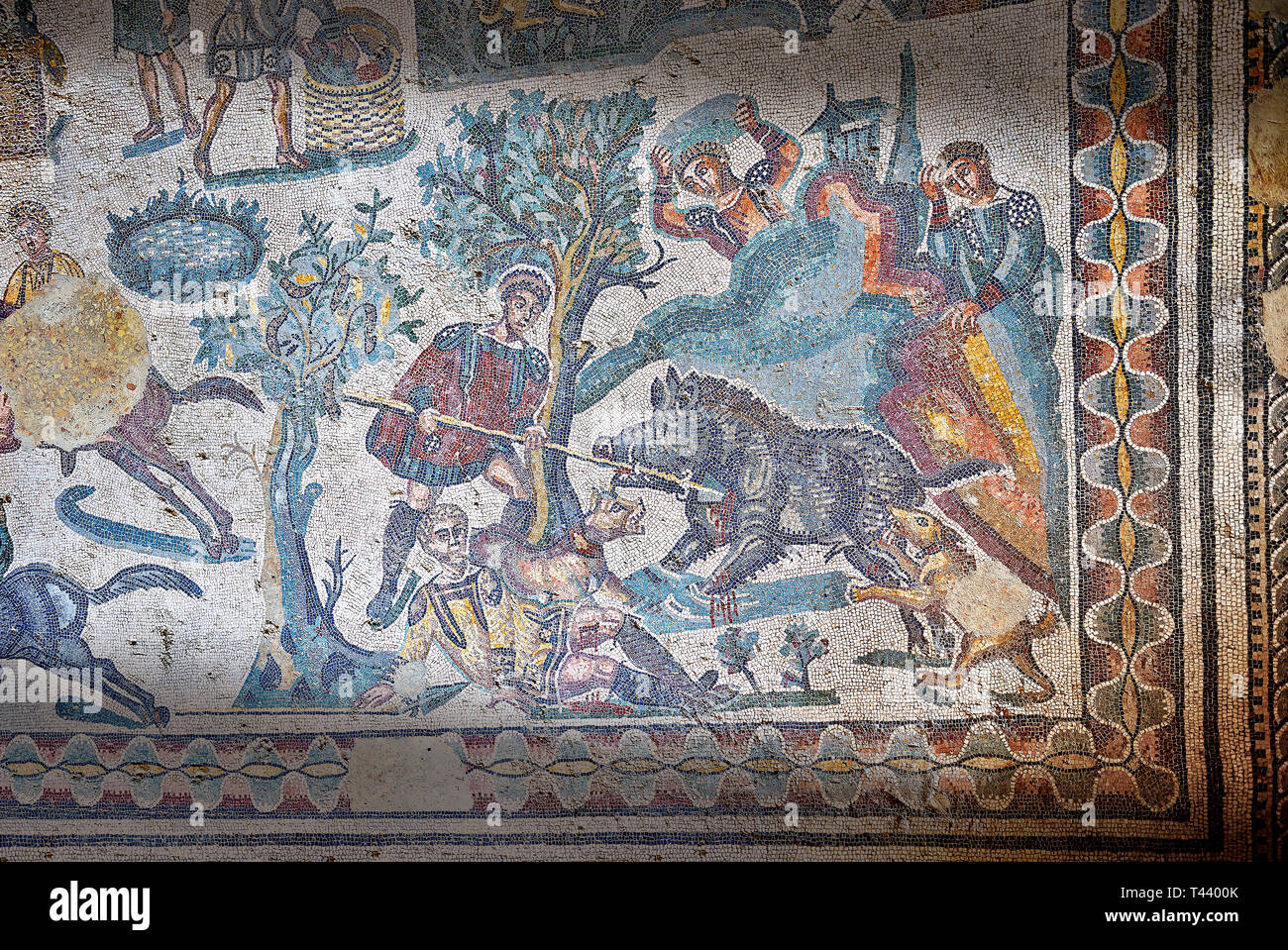 Hunters hunting a boar. Roman mosaic floor of the Room of The Small