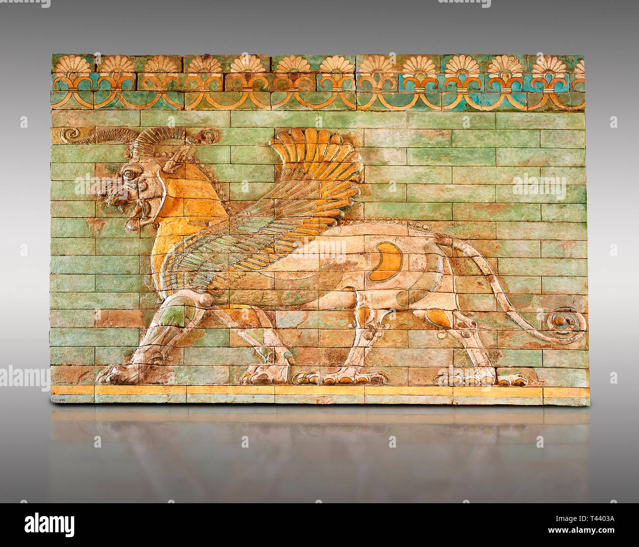 Coloured glazed terracotta tiled panels depicting mythical Griffins. From the reign of Darius 1st and the First Persian or Achaemenid Empire around 51 Stock Photo