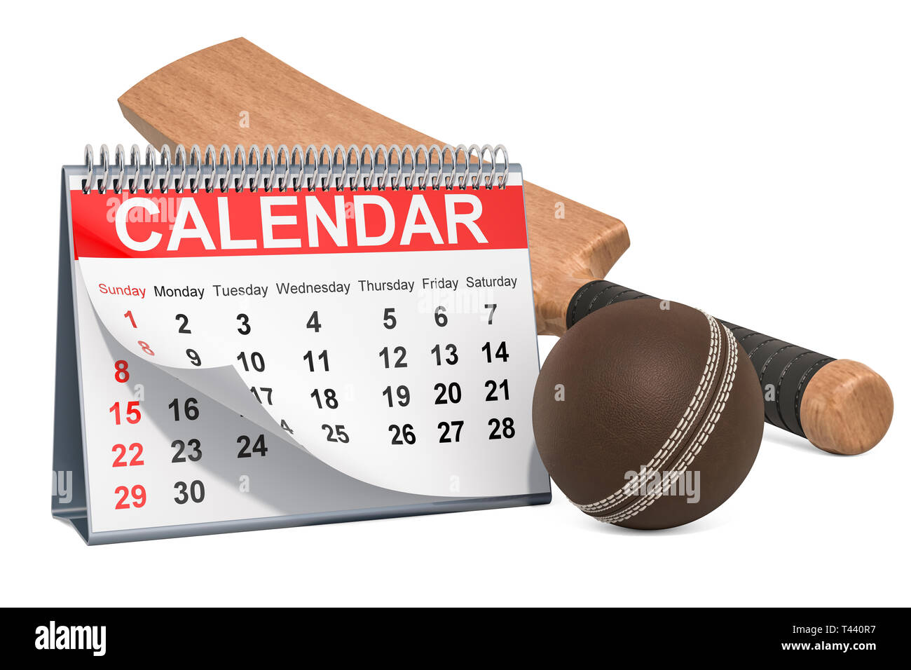 Cricket ball and bat with calendar, cricket events calendar concept. 3D rendering isolated on