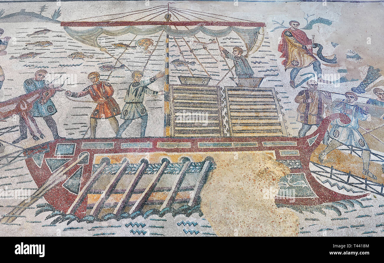 Ambulatory of the Great Hunt Roman mosaic, african animals are loaded onto a ship, room no 28, at the Villa Romana del Casale, first quarter of the 4t Stock Photo