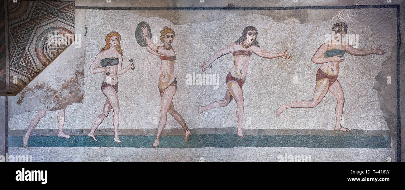 Panoramic pictures of the Roman mosaics of the room of the Ten Bikini Girls depicting Roman women in an athletic competition, room no 30, at the Villa Stock Photo