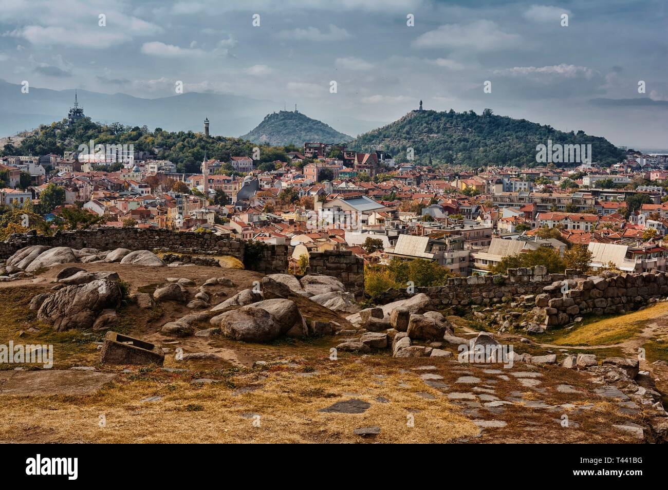 View of the old town of Plovdiv from Nebet tepe Stock Photo