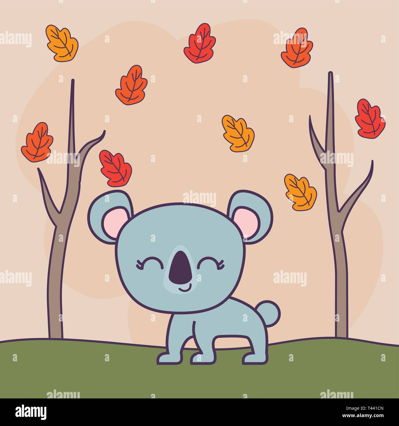 cute koala in forest scene with leafs vector illustration design Stock ...