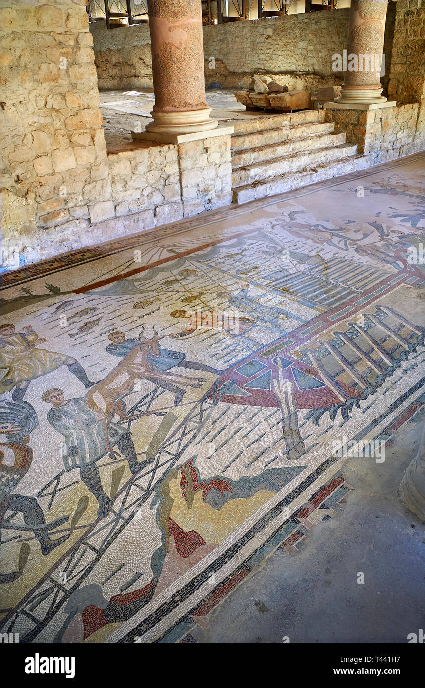 Wide picture of the Ambulatory corridor of the Great Hunt Roman mosaic and the entrance to the audience hall, room no 28, at the Villa Romana del Casa Stock Photo