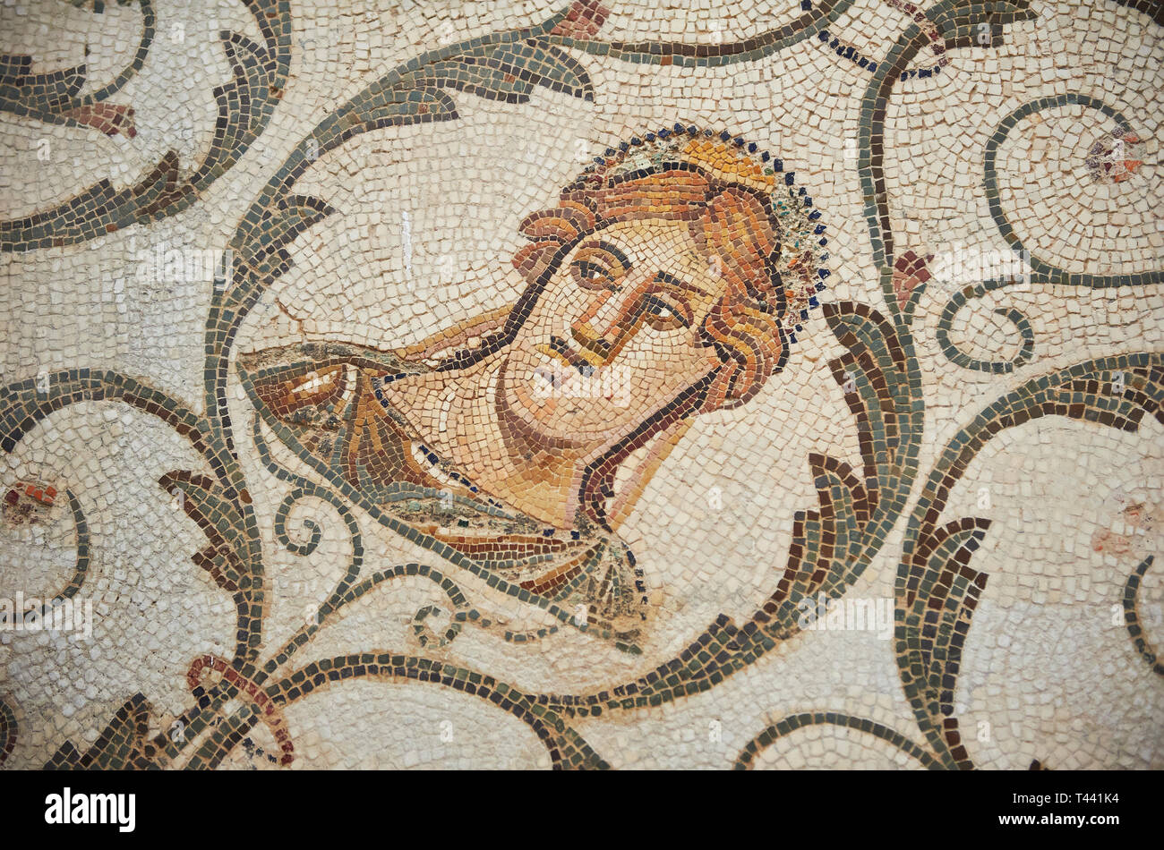 Detail picture of a Roman mosaics design depicting the Four Seasons, from the Maison de la Procession Dionysiaque, ancient Roman city of Thysdrus. 2nd Stock Photo