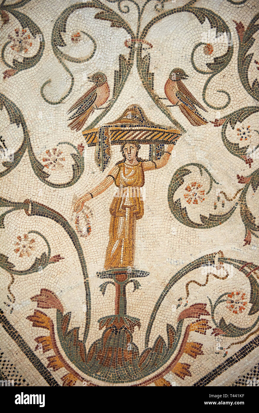 Pictures of a Roman mosaics design depicting the Four Seasons, from the Maison de la Procession Dionysiaque, ancient Roman city of Thysdrus. 2nd centu Stock Photo