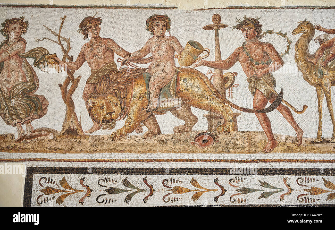 Picture of a Roman mosaics design depicting Dionysus riding a lion, from the ancient Roman city of Thysdrus. 2nd century AD House of the Dionysus Proc Stock Photo