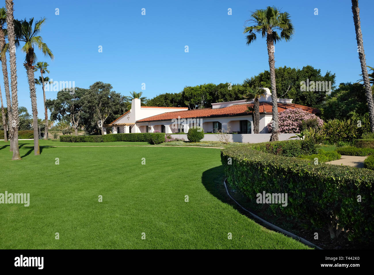SANTA BARBARA, CALIFORNIA - APRIL 12, 2019: Grounds and buildings at the Hilton Santa Barbara Beachfront Resort, located minutes from downtown with st Stock Photo