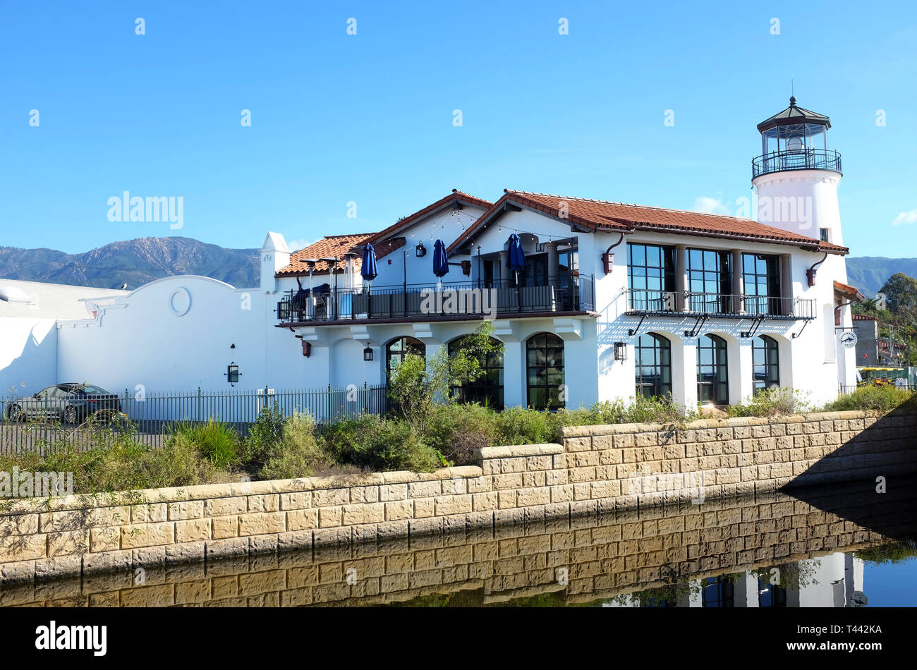 SANTA BARBARA, CALIFORNIA - APRIL 12, 2019: The Blue Water Grill restaurant at State Street and Cabrillo Boulevard offers seafood with harbor views. Stock Photo
