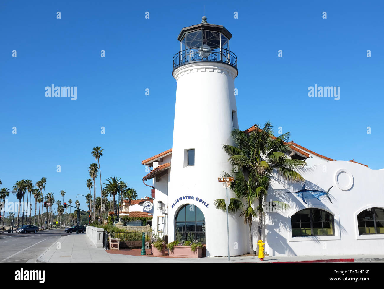 SANTA BARBARA, CALIFORNIA - APRIL 12, 2019: The Blue Water Grill restaurant at State Street and Cabrillo Boulevard offers seafood with harbor views. Stock Photo