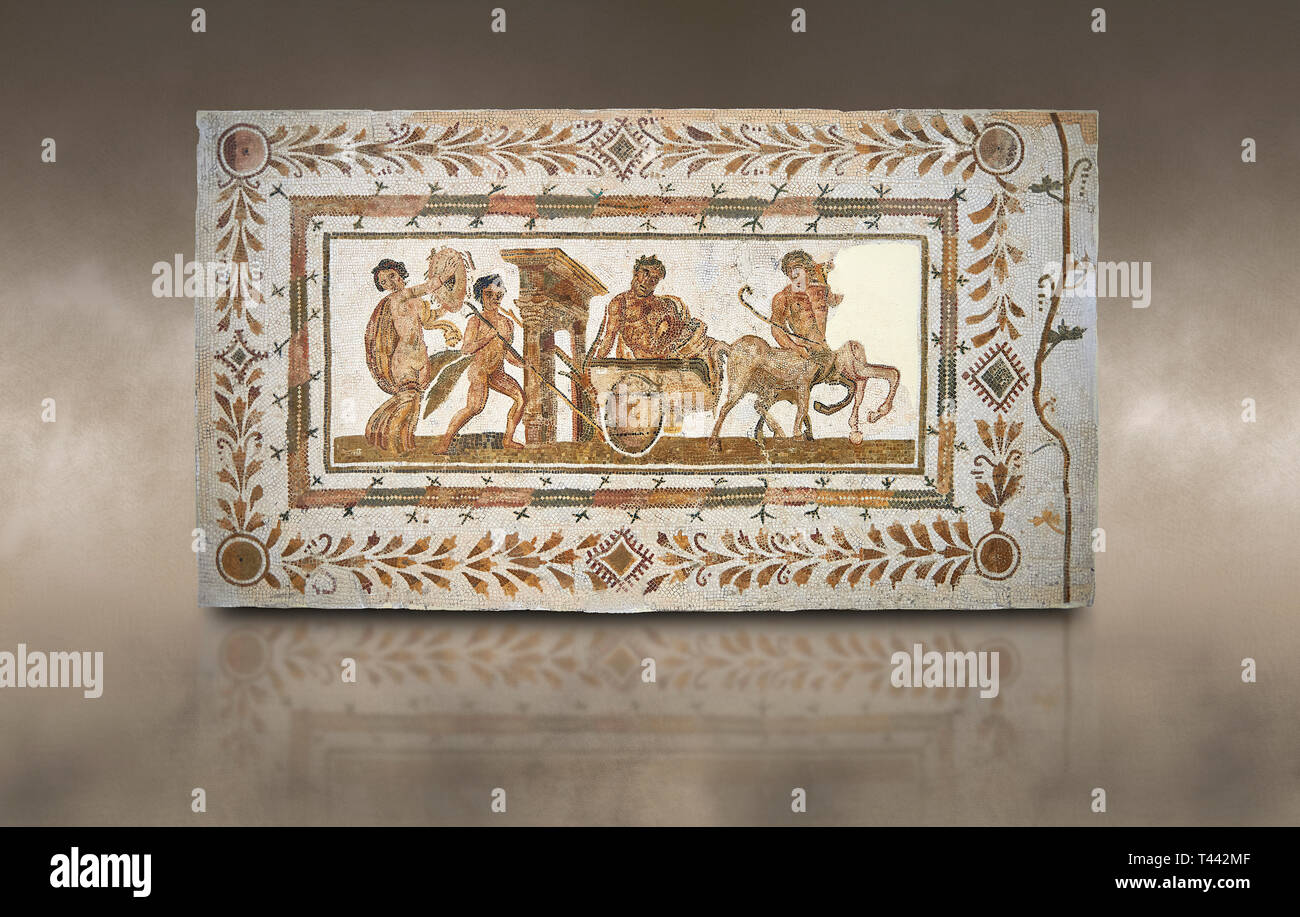 Picture of a Roman mosaics design depicting Dionysus drunk being transported on a chariot pulled by a centaur, they are followed by a Bacchante, follo Stock Photo
