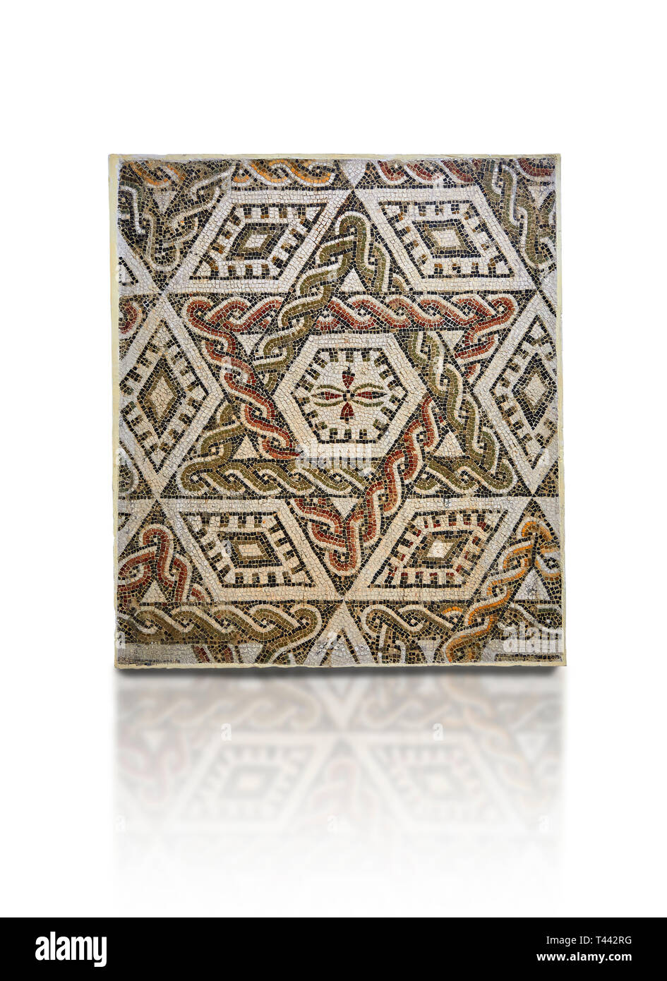 Pictures of a geometric Roman mosaics with a hexagon at its centre in the middle of which is a cruciform of flowers, from the ancient Roman city of Th Stock Photo