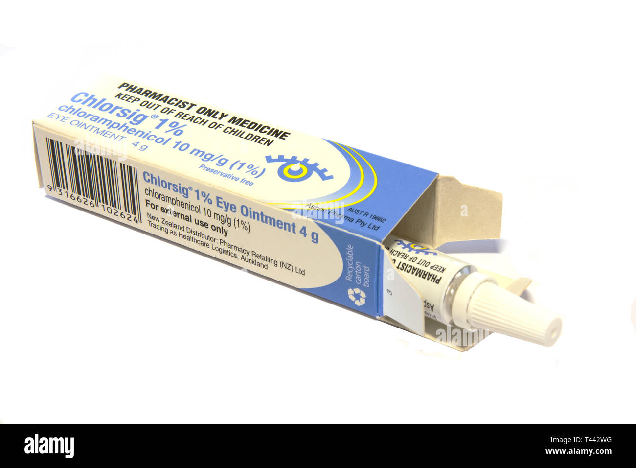 A packet of Anti bacterial Chloramphenicol ointment with tube. Stock Photo