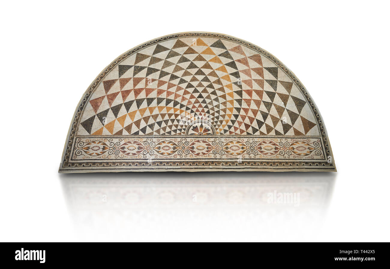 Pictures of a Roman mosaics from an apse depicting a fan of multicoloured triangles and vine foliated scrolls, from the ancient Roman city of Thysdrus Stock Photo