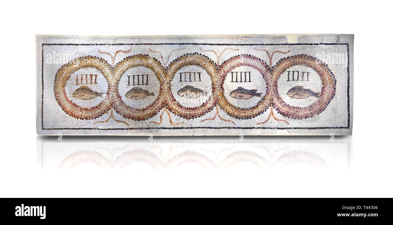 Pictures of a geometric Roman doorstep mosaics depicting five fishes surrounded by bars and a medallion, from the ancient Roman city of Thysdrus. 3rd  Stock Photo