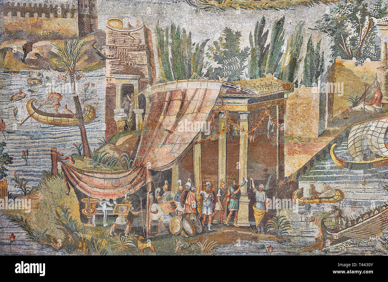 Detail picture of a temple surrounded by the flooded Nile  from the famous Roman Hellenistic Nilotic landscape Roman Palestrina Mosaic or Nile mosaic  Stock Photo