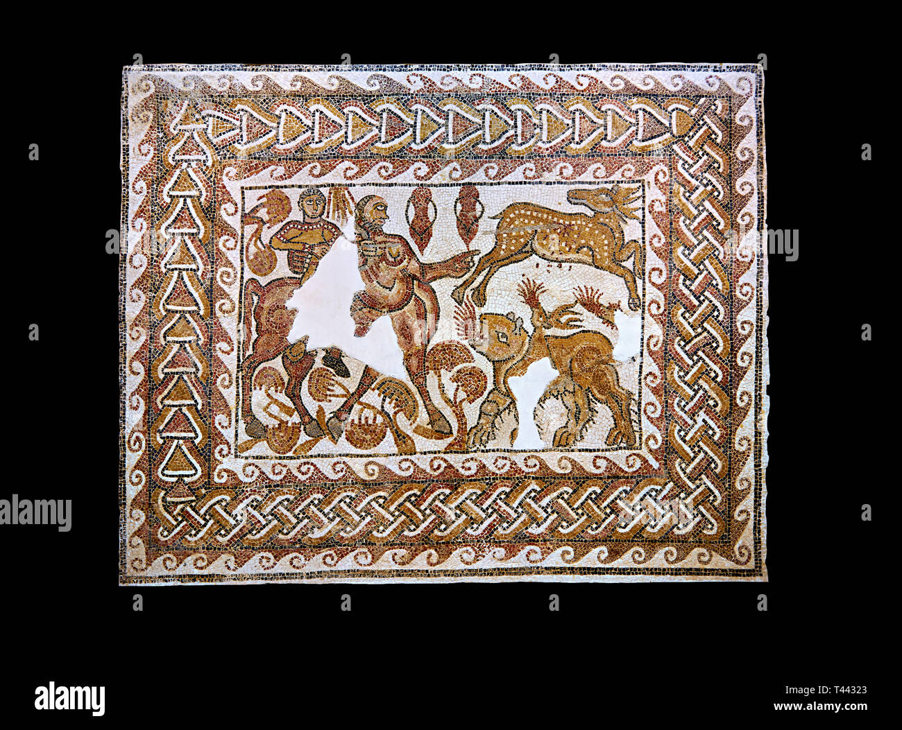 Roman mosaic depicting The Education of Achilles by the Centaur Chiron. Achilles , left, is depicted riding a centaur ( mosaic of its body s missing)  Stock Photo