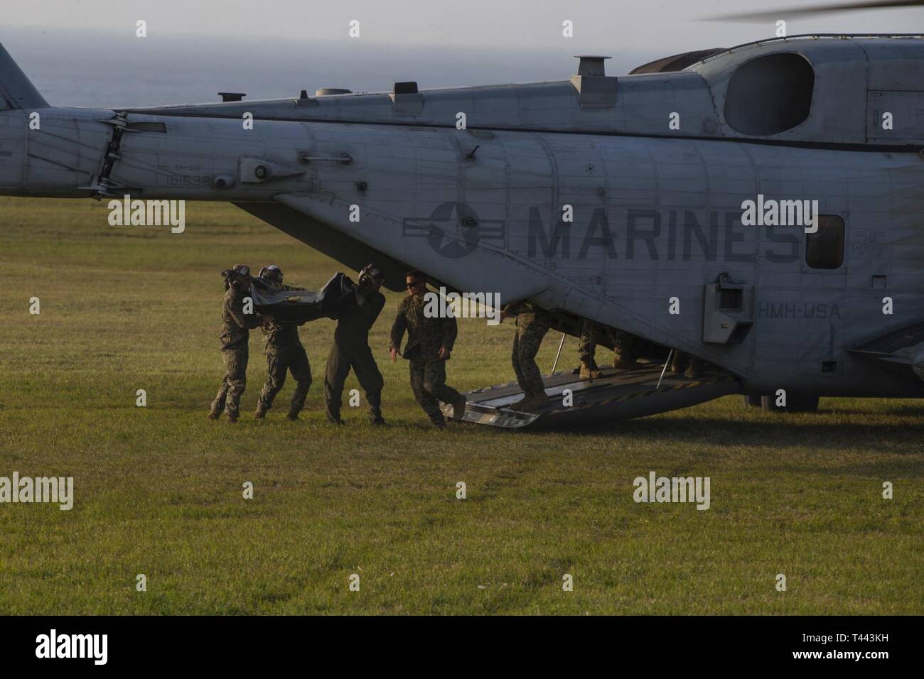 Marines with the 31st Marine Expeditionary Unit load gear onto a CH-53E Super Stallion helicopter with Marine Medium Tiltrotor Squadron 262 (Reinforced) during simulated Expeditionary Advanced Base Operations at Ie Shima Training Facility, March 13, 2019. Marines with the 31st MEU are conducting simulated EABO in a series of dynamic training events to refine their ability to plan, rehearse and complete a variety of missions. During EABO, the 31st MEU partnered with the 3rd Marine Division, 3rd Marine Logistics Group and 1st Marine Aircraft Wing, and airmen with the U.S. Air Force 353rd Special Stock Photo