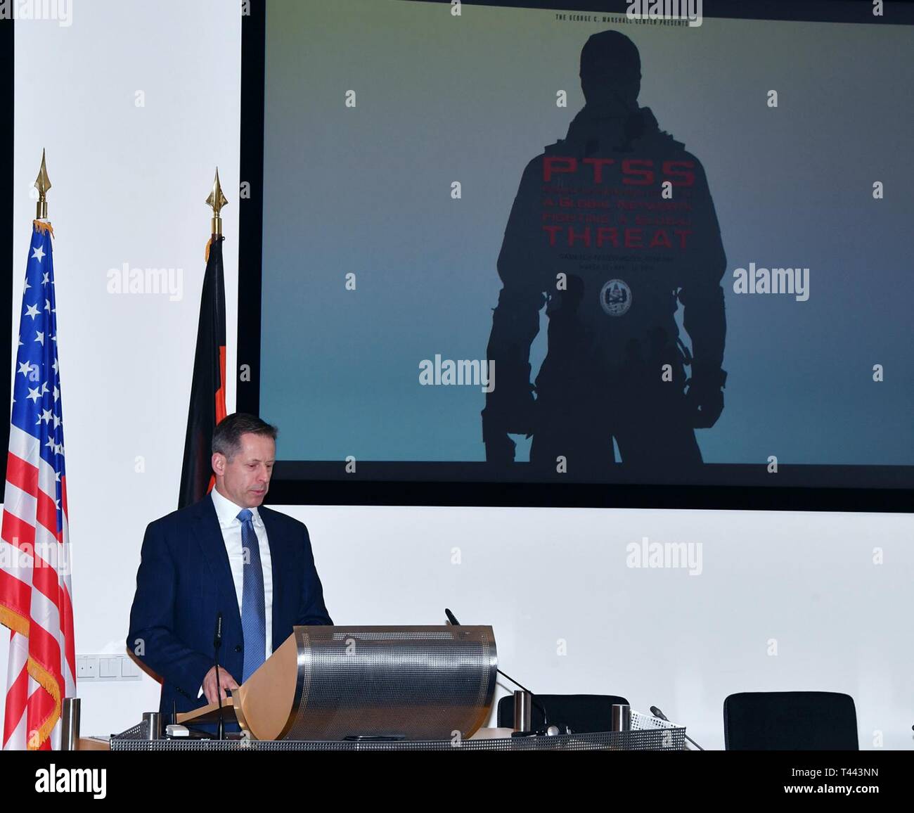 GARMISCH-PARTENKIRCHEN, Germany (March 13, 2019) – Retired U.S. Air Force Brig. Gen. Dieter Bareihs, U.S. deputy director at the George C. Marshall European Center for Security Studies, welcomes 63 participants from 47 countries to the Program on Terrorism and Security Studies March 13. Stock Photo