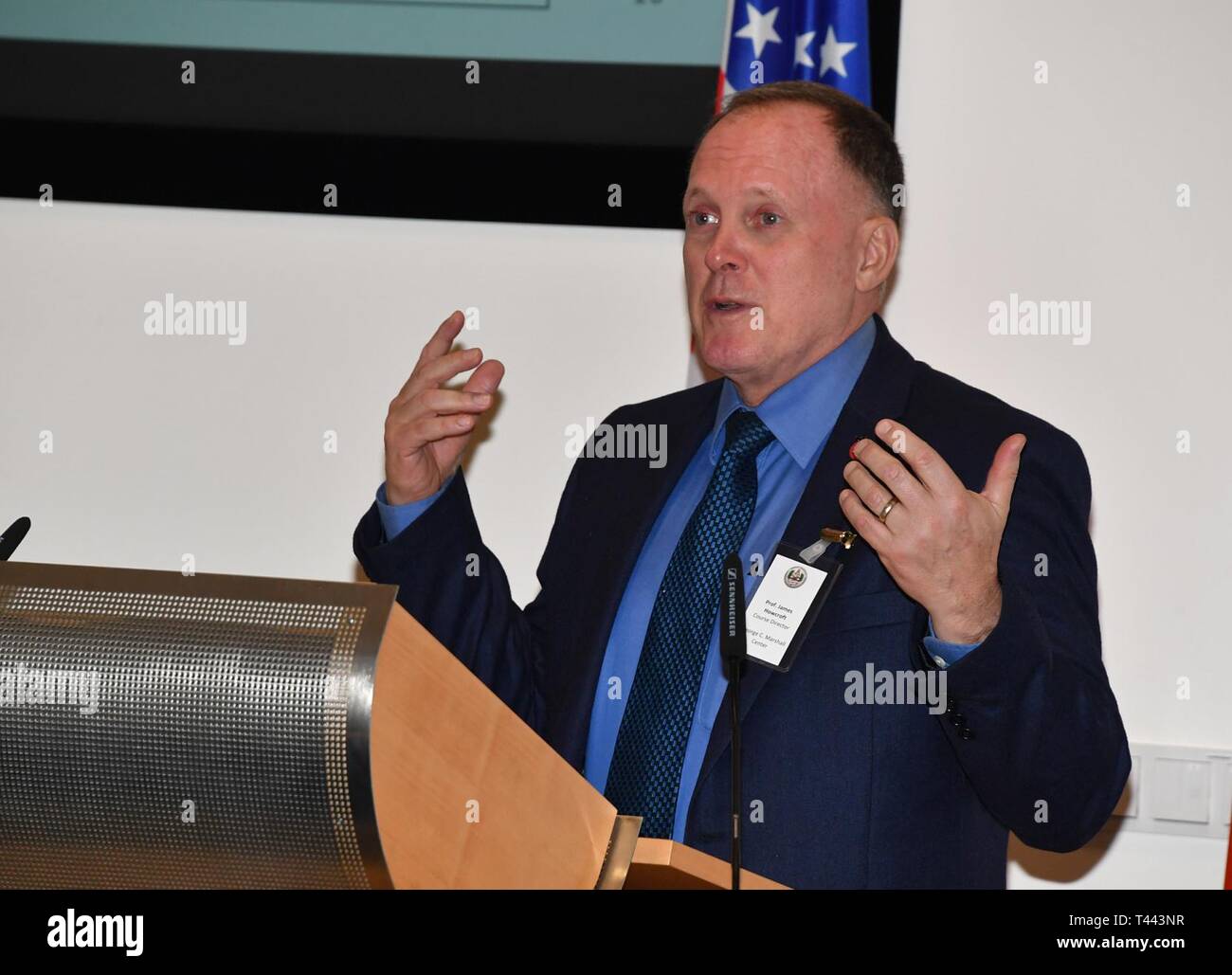 GARMISCH-PARTENKIRCHEN, Germany (March 13, 2019) – Retired U.S. Marine Corps Col. James Howcroft, program director for the Program on Terrorism and Security Studies at the George C. Marshall European Center for Security Studies, gives a course overview to the 63 participants from 47 countries attending PTSS 19-07 here March 13. Stock Photo