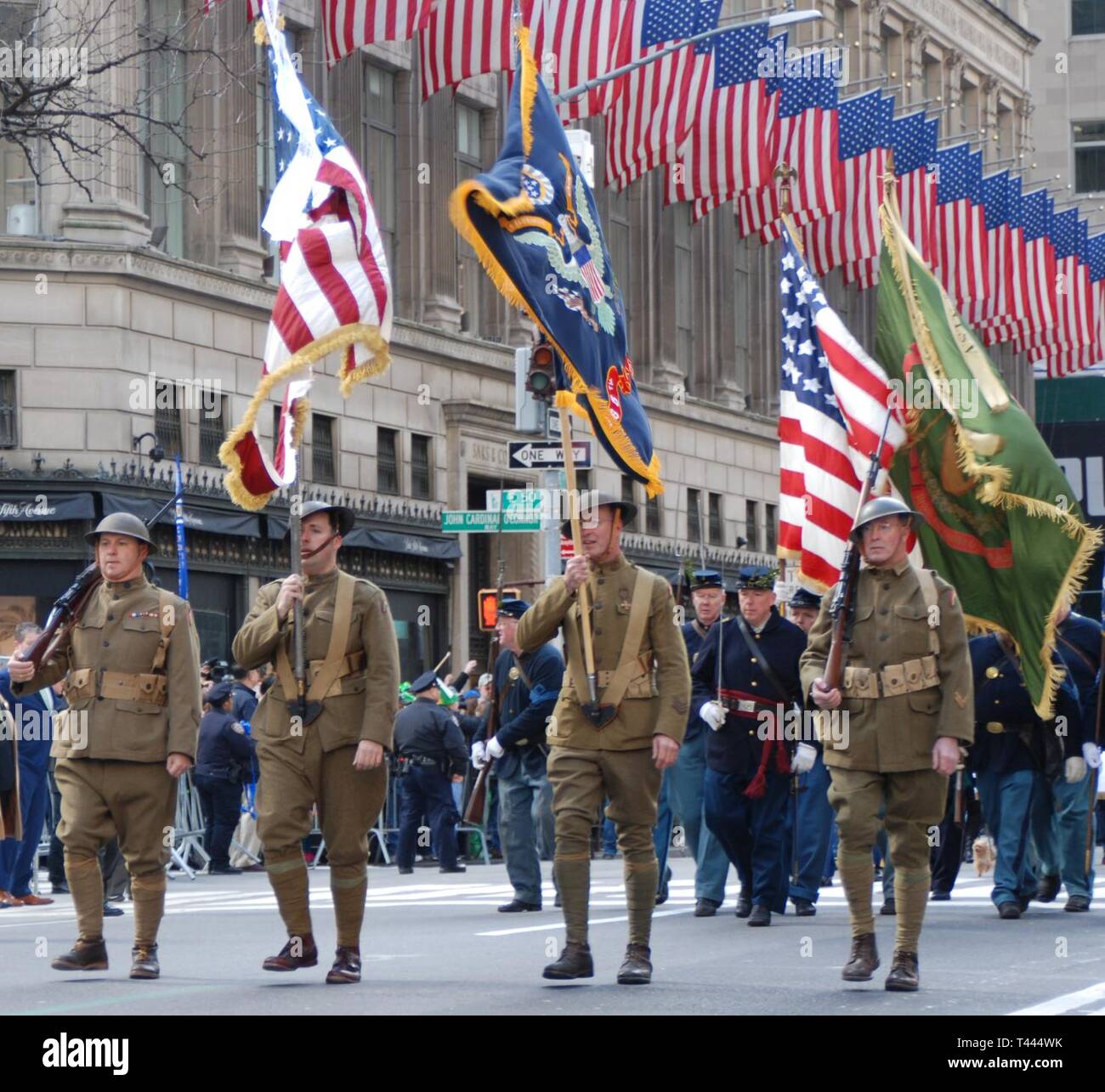 Members of the East Coast Doughboy's, historical reenactors who dress as Soldiers in the 69th Infantry Regiment during World War I follow the New York National Guard's 1st Battalion, 69th Infantry during the New York City St. Patrick's Day Parade on March 16, 2019. The 1st Battalion, 69th Infantry traditionally leads the world's largest St. Patrick's Day Parade. Soldiers of the 1st Battalion 69th Infantry and the 42nd Infantry Division Band led the parade up 5th Avenue.  ( U.S. Army National Guard Stock Photo