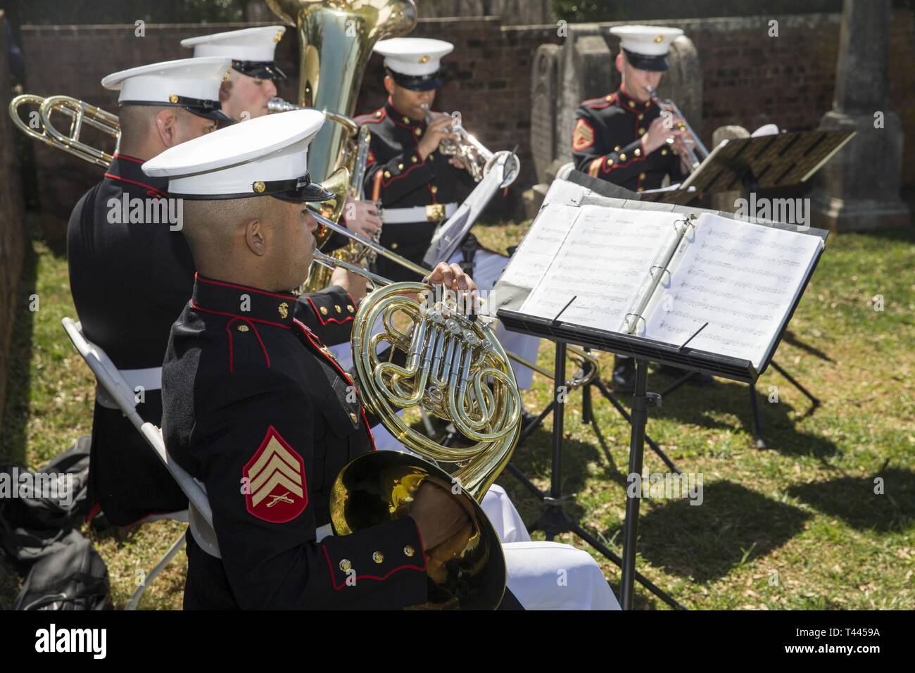 The Quantico Marine Band preform at the Madison wreath laying ceremony, held at the final resting place of the 4th President of the United States, James Madison, at Montpelier, Orange, Va., March 16, 2019. This event was held in commemoration of the 268th anniversary of the birthdate of Madison, and has also been decreed as James Madison Appreciation Day for the Commonwealth of Virginia. Stock Photo