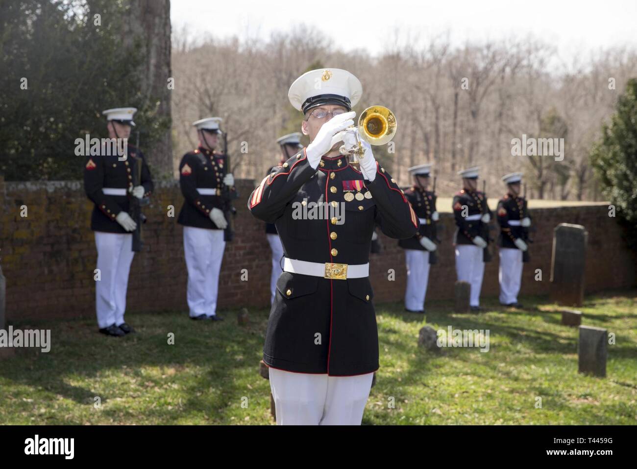 A U.S. Marine with the Quantico Marine Band plays 'Taps' during the Madison wreath laying ceremony, held at the final resting place of the 4th President of the United States, James Madison, at Montpelier, Orange, Va., March 16, 2019. This event was held in commemoration of the 268th anniversary of the birthdate of Madison, and has also been decreed as James Madison Appreciation Day for the Commonwealth of Virginia. Stock Photo