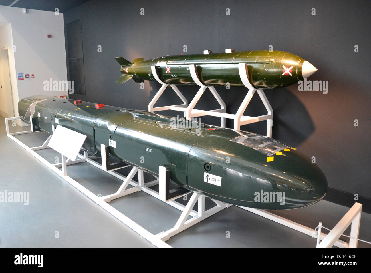 Cold War Weapons, RAF Museum, London, UK. This is the Hunting JP233 Airfield Denial Weapon and the WE177C Nuclear Weapon. Stock Photo