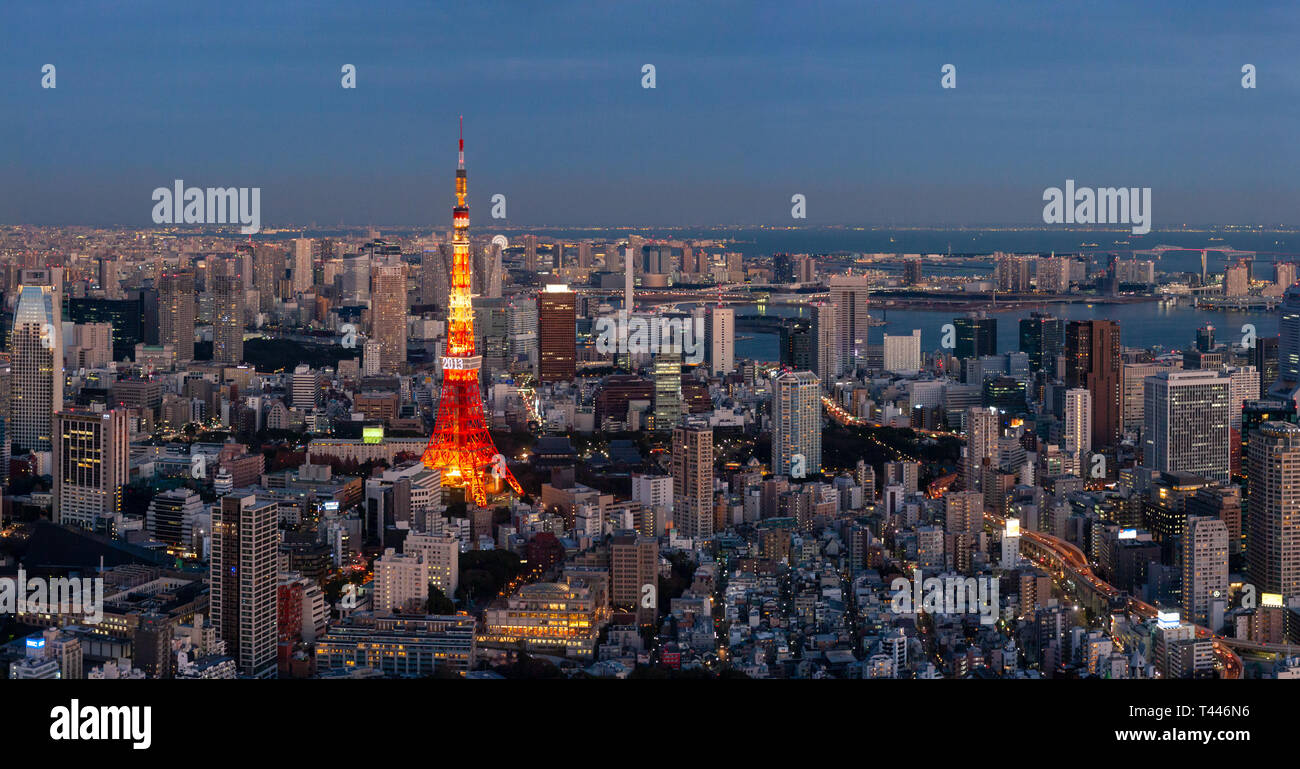 Panoramic view of the Tokyo skyline and the special ward Minato city with the Tokyo Tower and countless skyscrapers during sunset. Tokyo, Japan Stock Photo