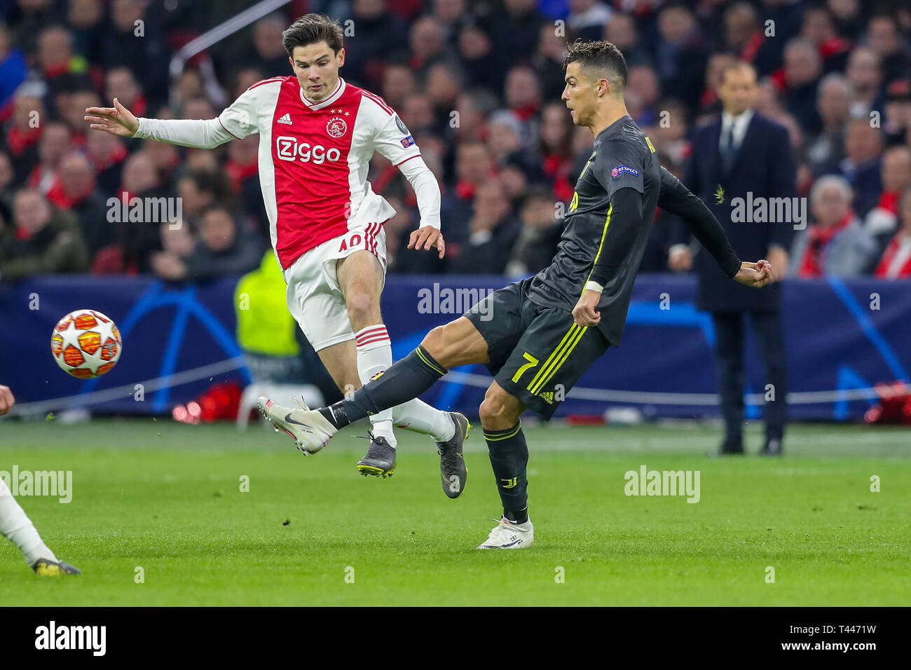 10th of april 2019 Amsterdam, The Netherlands Soccer Champions League Ajax v Juventus   Jurgen Ekkelenkamp of Ajax, Christiano Ronaldo of Juventus Stock Photo