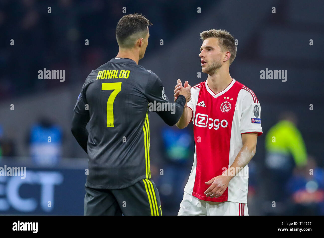 10th of april 2019 Amsterdam, The Netherlands Soccer Champions League Ajax v Juventus   Christiano Ronaldo of Juventus, Joel Veltman of Ajax Stock Photo
