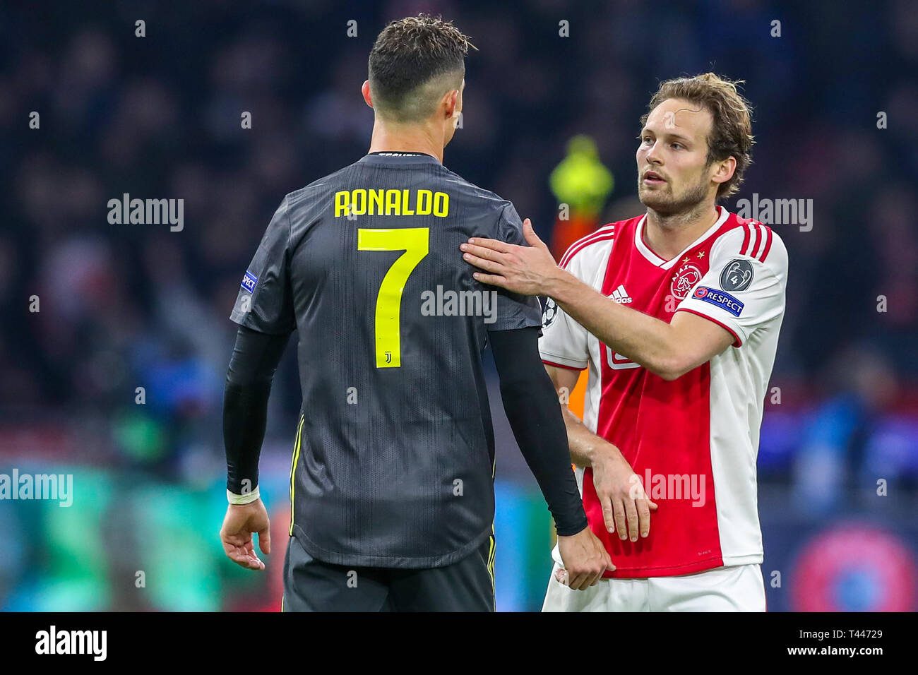 10th of april 2019 Amsterdam, The Netherlands Soccer Champions League Ajax v Juventus   Christiano Ronaldo of Juventus, Daley Blind of Ajax Stock Photo