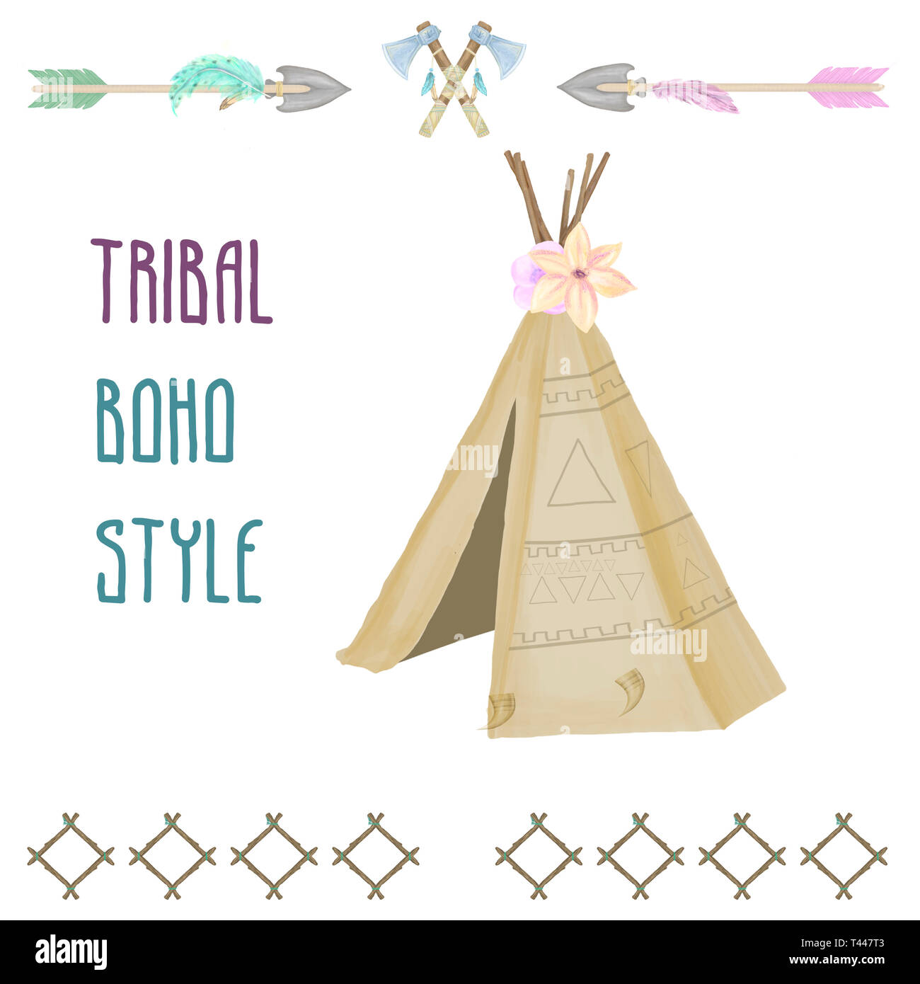 Teepee digital art aztec indian digital art boho tribal illustration geometric on white background Stock Photo