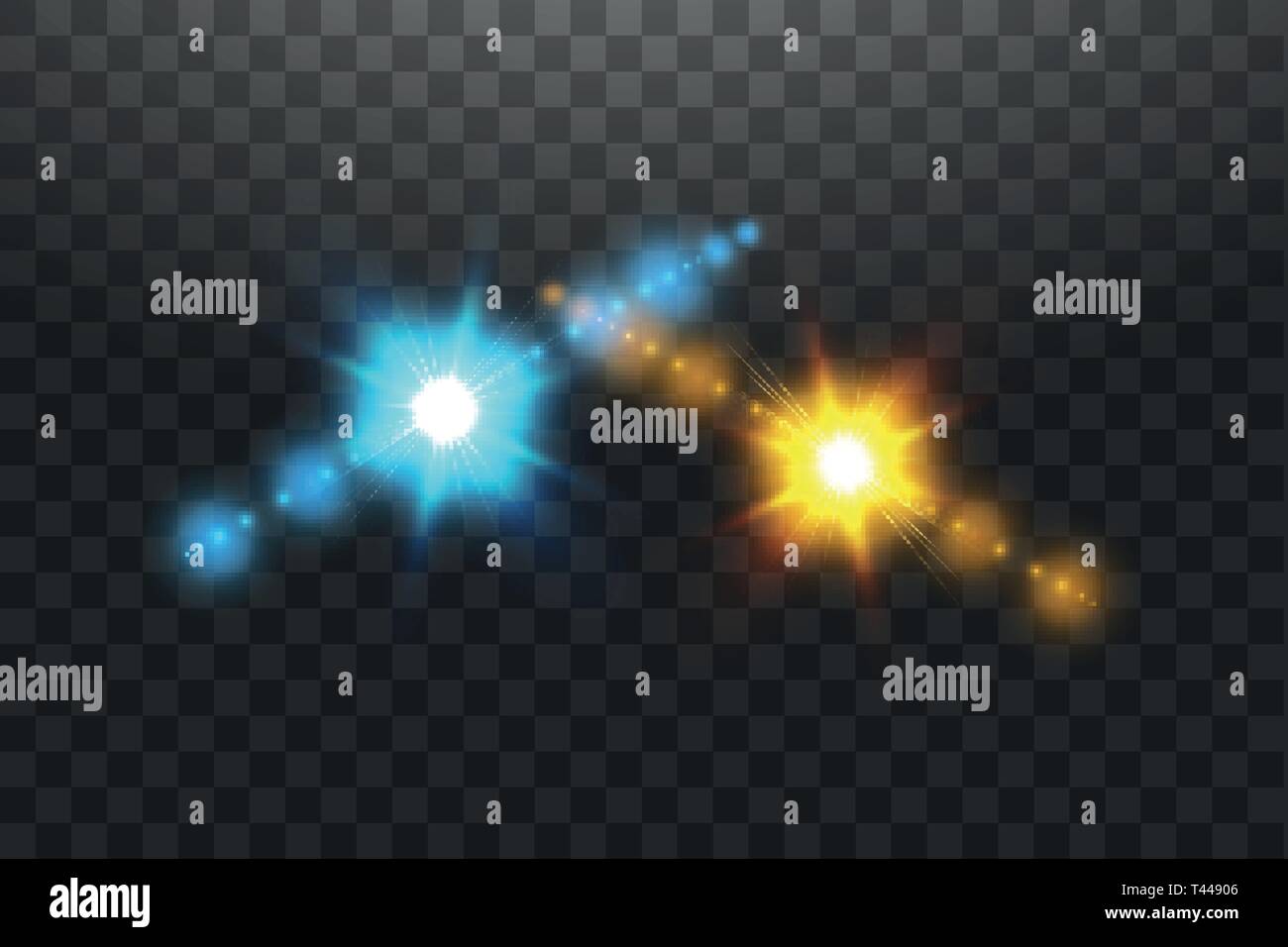 Vector illustration. Collision of two forces of blue and gold magical glares. Allocation of cold and hot energy. Stock Vector