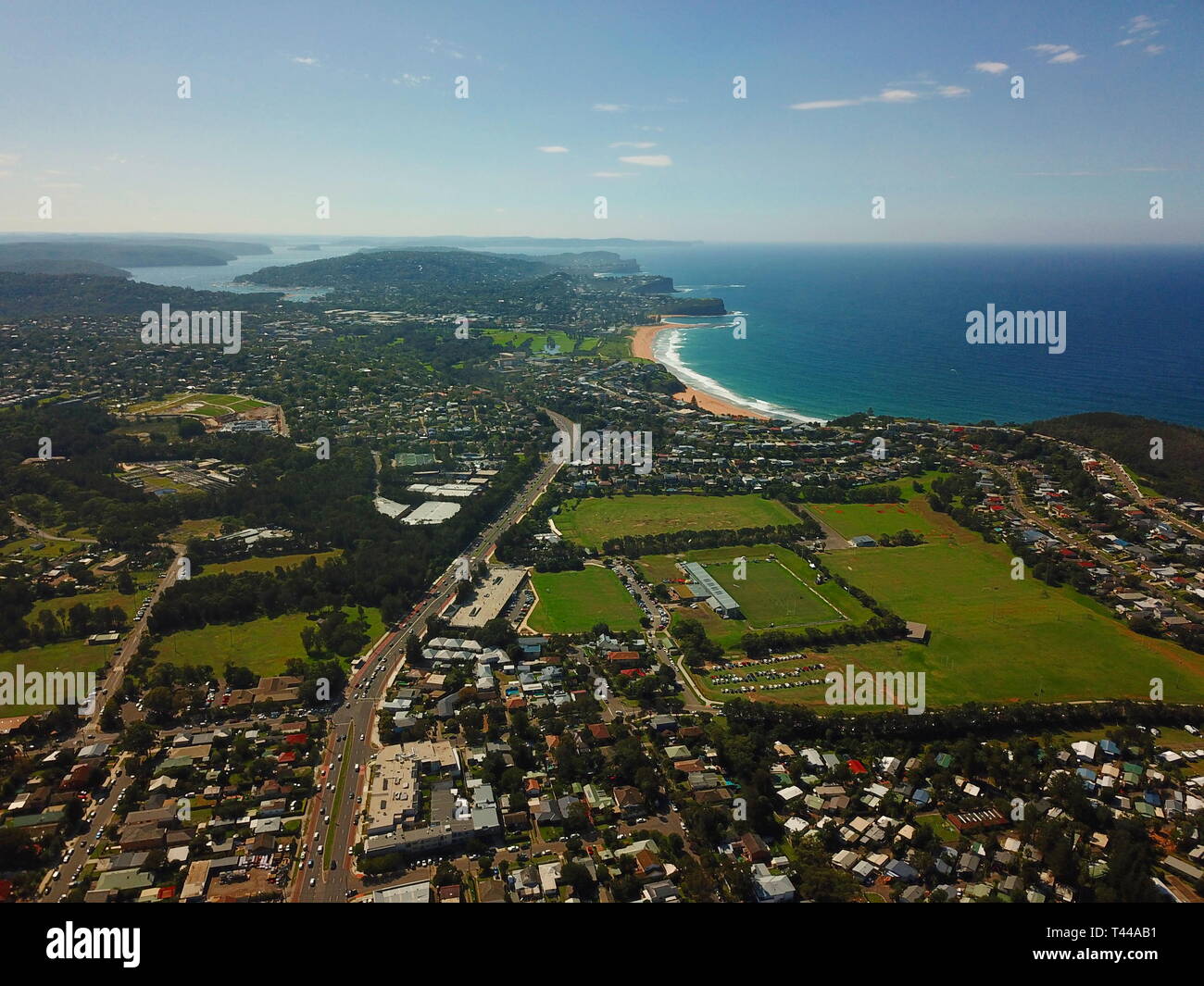 Aerial view of Mona Vale and northern beaches. Coast of Tasman sea in Sydney. Stock Photo