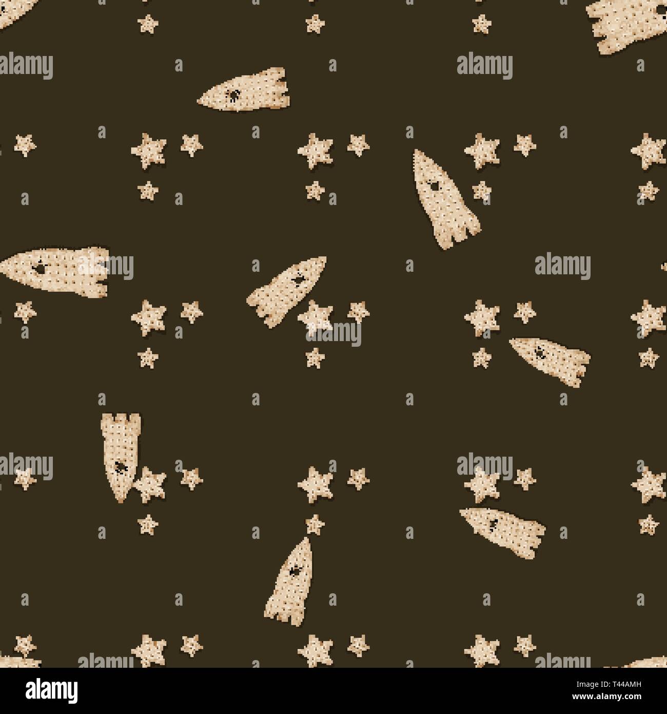 Rocket and star cracker-shaped cookies. Biscuit cookie cracker seamless pattern 10 eps Stock Vector