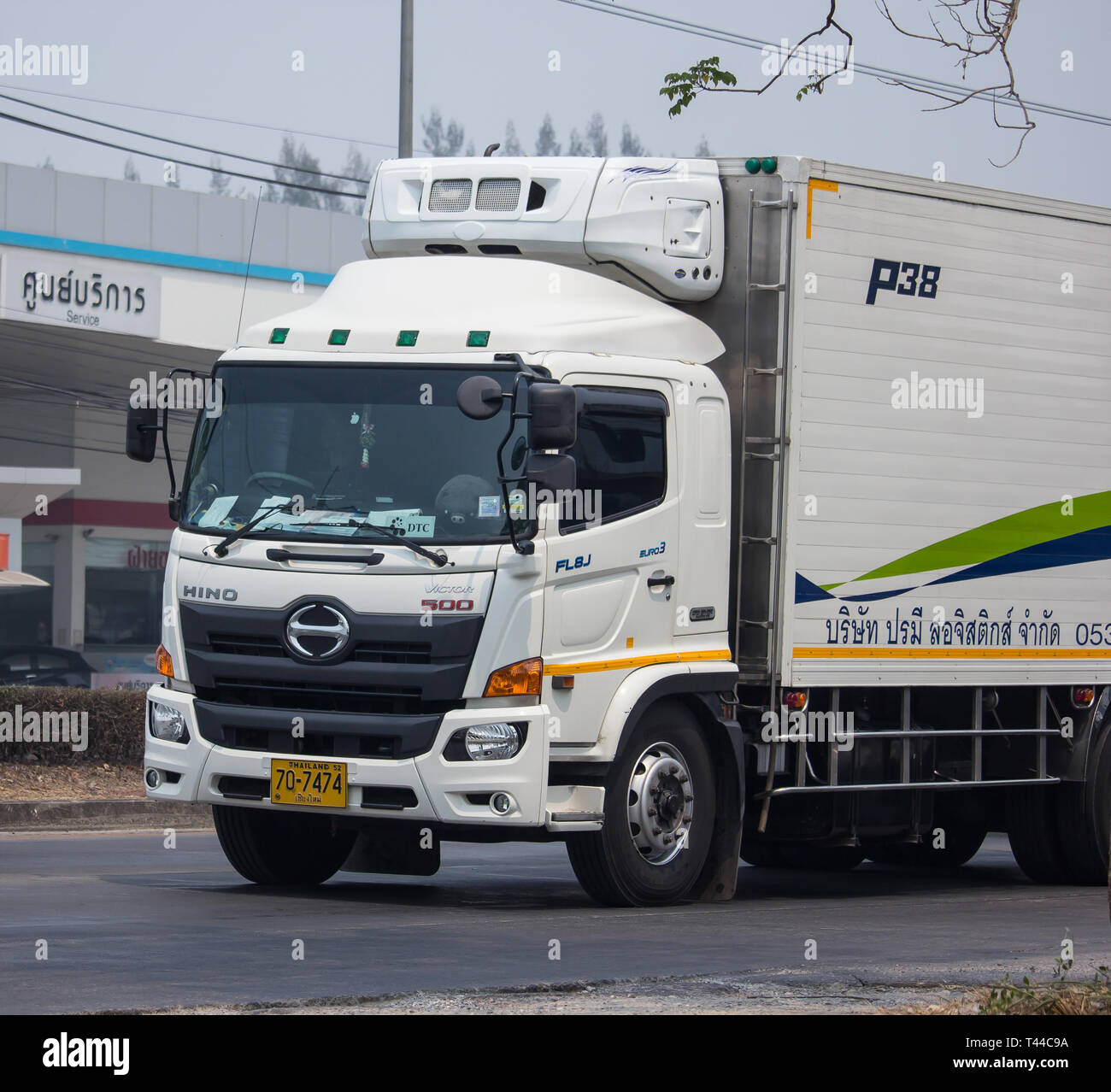 Chiangmai, Thailand - April 5 2019: Container truck of Parame Logistics Transportation company. Photo at road no.121 about 8 km from downtown Chiangma Stock Photo
