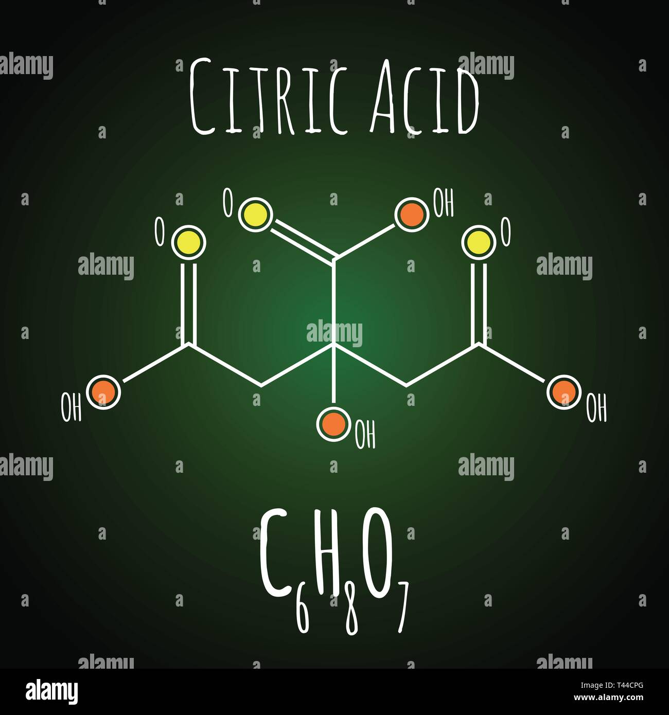 Citric acid structural skeletal chemical formula on dark background Stock Vector