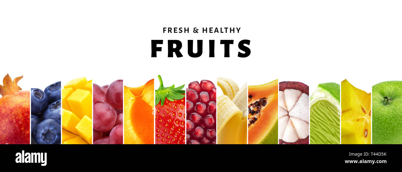 Collage of fruits isolated on white background with copy space, fresh and healthy fruits and berries close-up Stock Photo