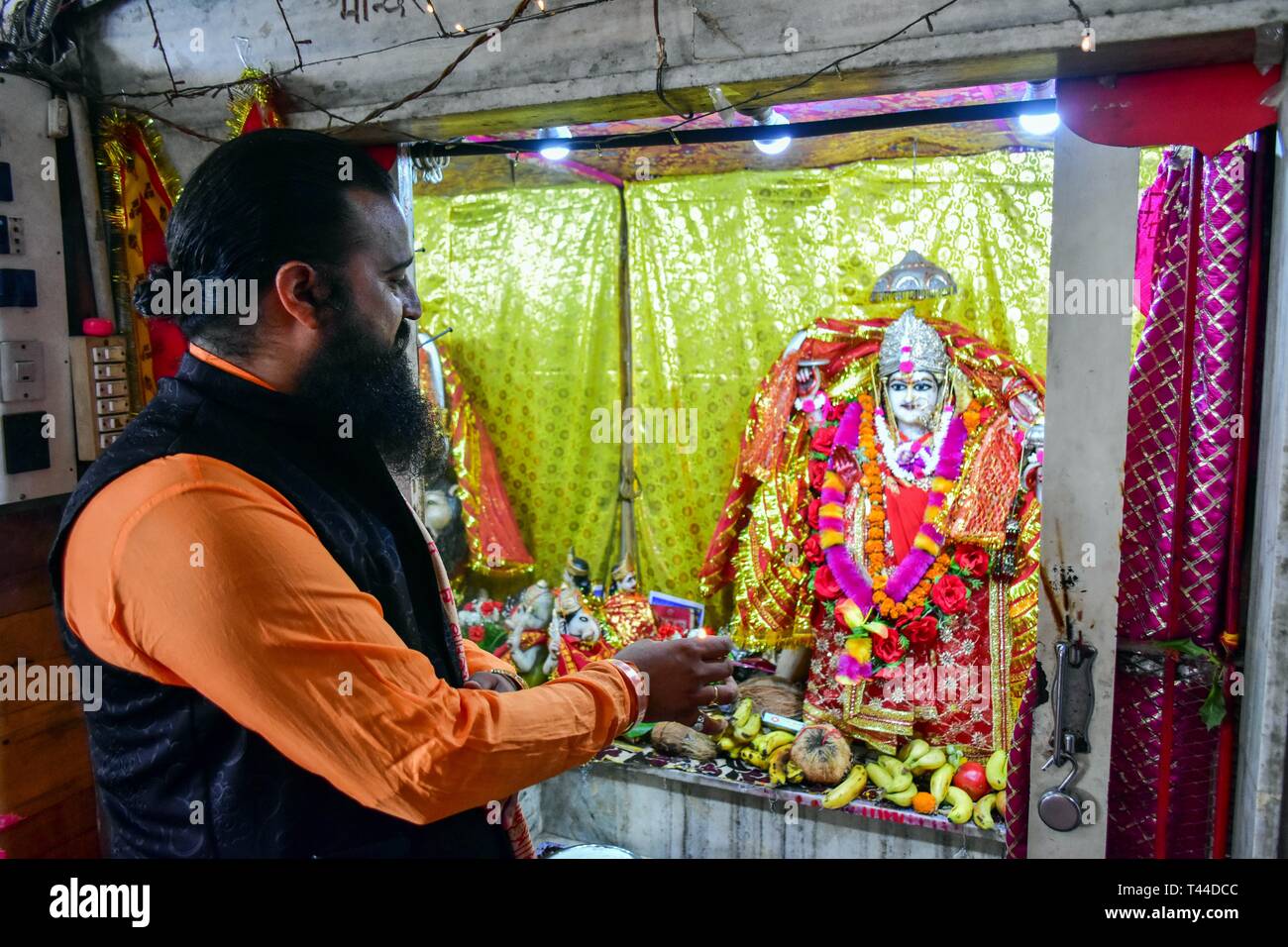 A Hindu priest seen praying at a temple during the occasion. The festival  of Ramnavami marks the birth of Lord Ram, and marks the day with various  rituals. Hindus celebrate the occasion