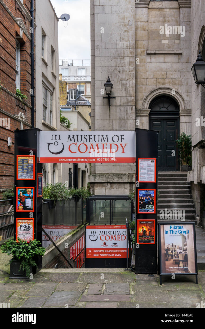 The entrance to the Museum of Comedy in the undercroft of  St George’s Church, Bloomsbury Way, Holborn. Stock Photo