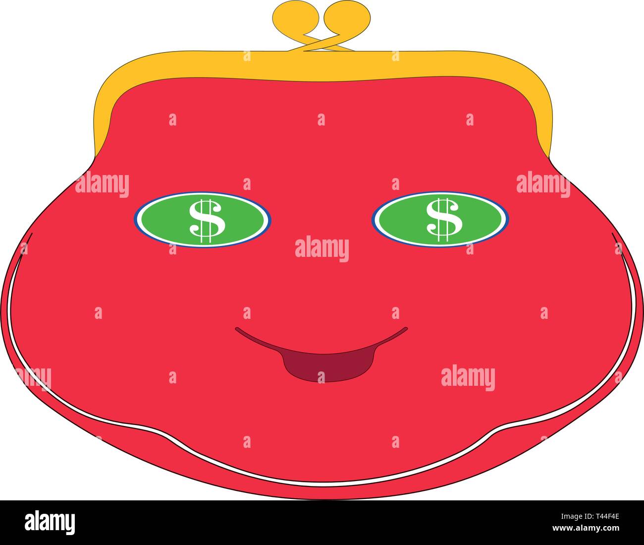 Flat drawing of a red wallet. Cartoon wallet with eyes. In the eyes