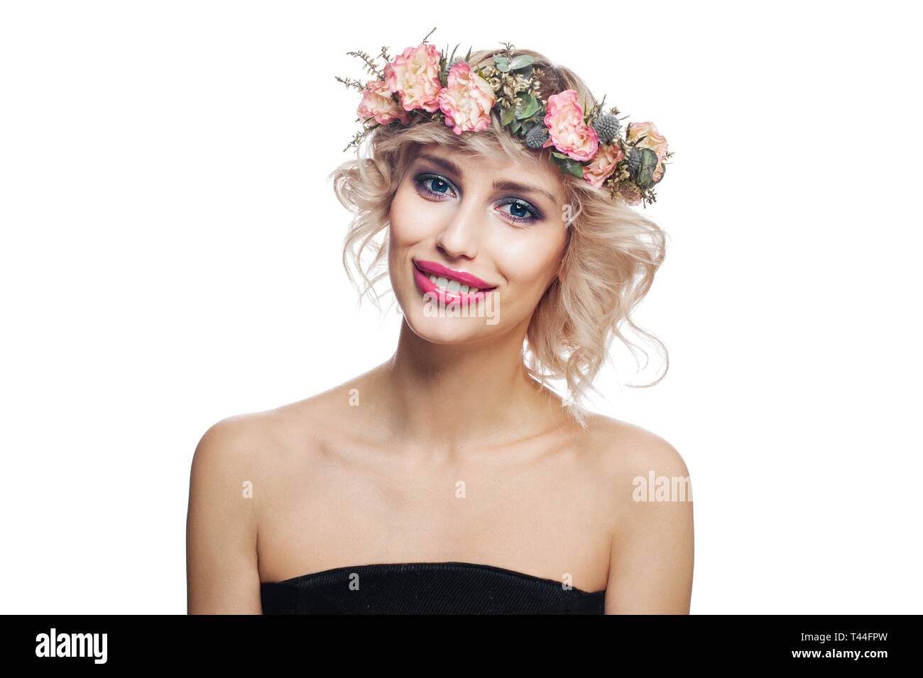Smiling Woman In Flowers Crown Young Model With Short Blonde