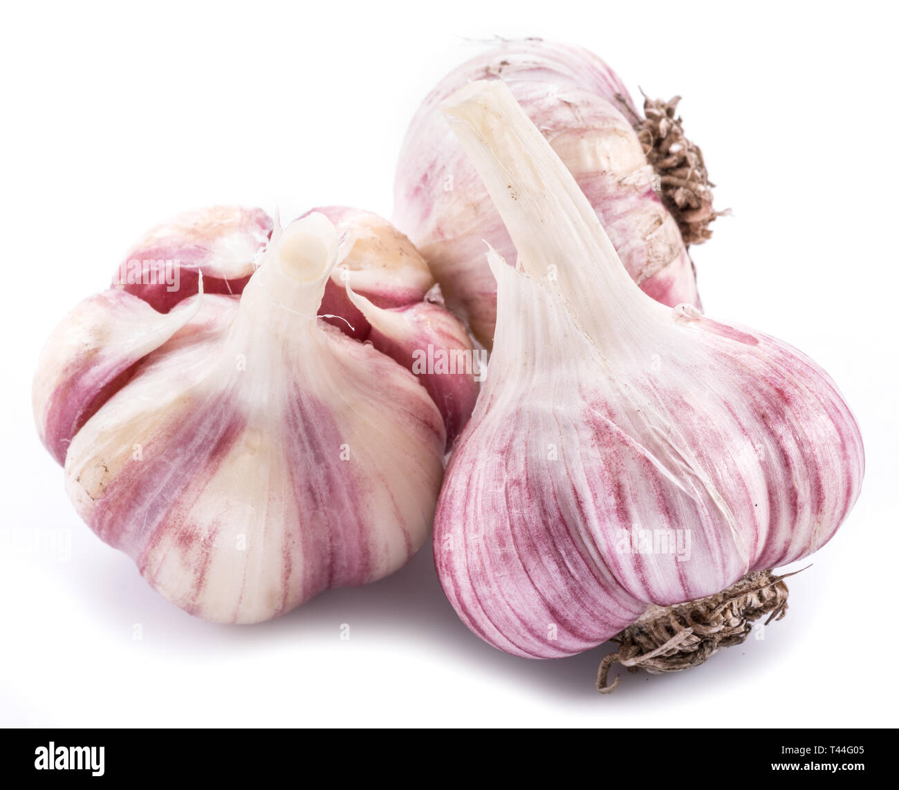 Three garlic bulbs isolated on white background. Stock Photo