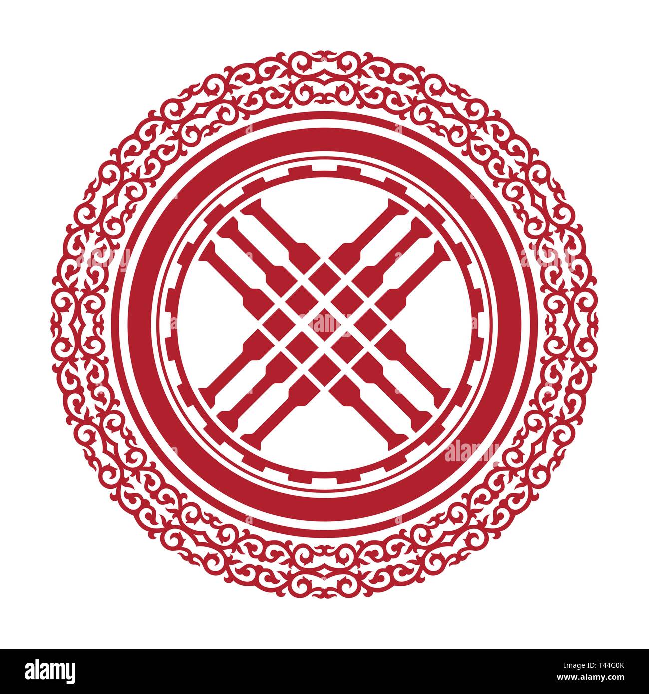 Shanyrak, tundyuk, toono - a constructive element crowning the dome of the yurt. Traditional ornament of Asian nomads: Mongols, Kazakhs, Kirghiz, Bash Stock Vector