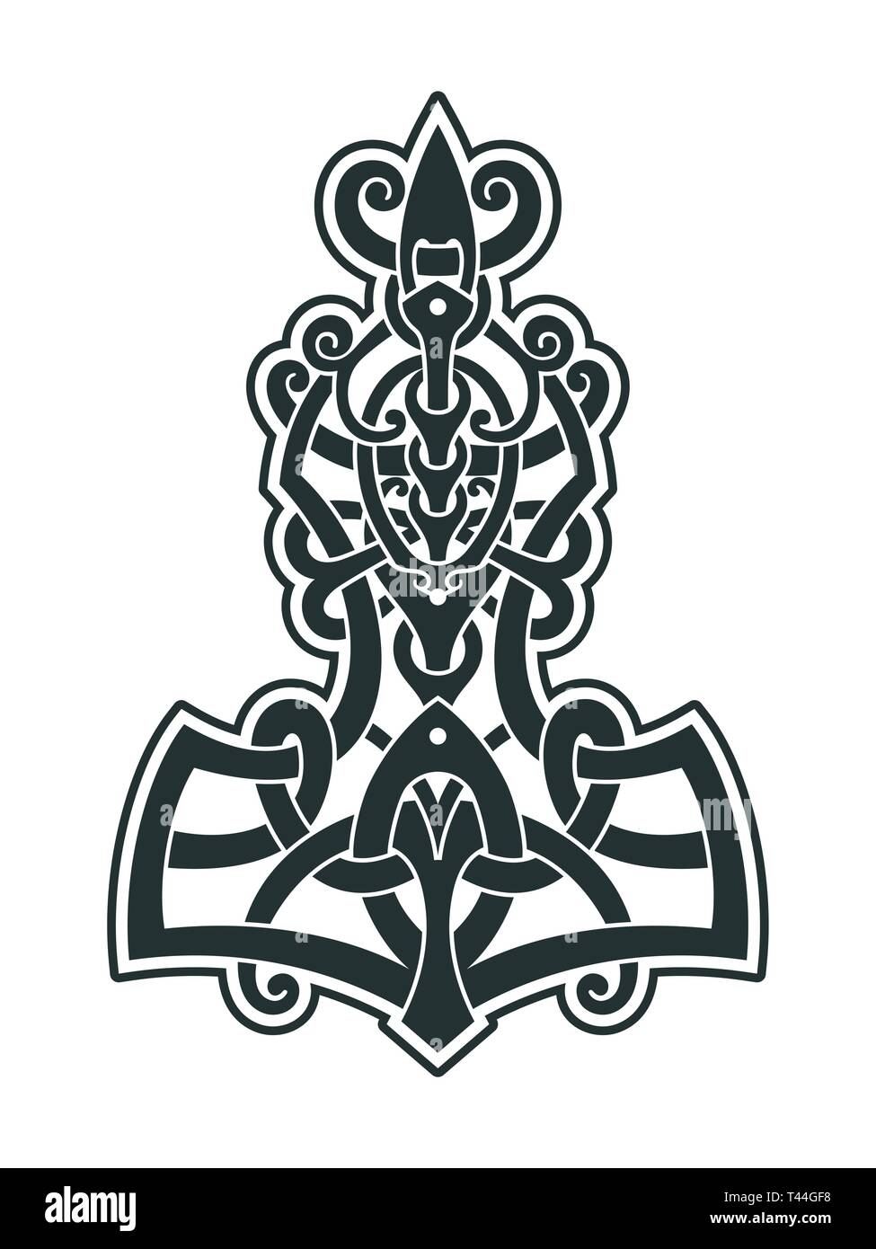 Mjollnir Thor's hammer is an amulet of Vikings. A symbol of Scandinavian mythology. Viking style tattoo. Scandinavian knots. Stock Vector