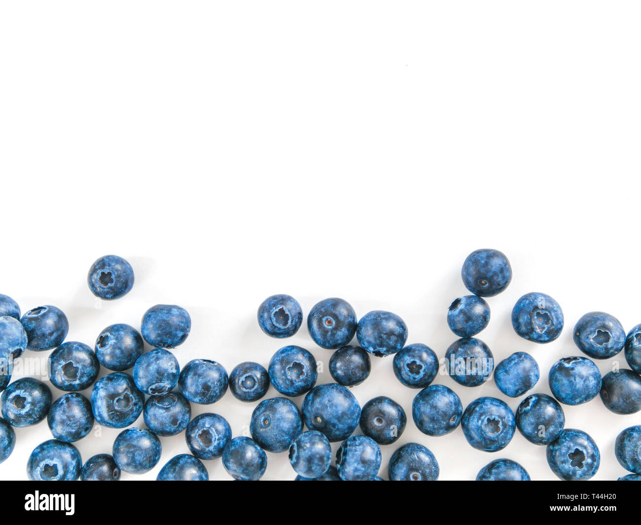 Creative layout with fresh ripe berries. Blueberry isolated on white background with copy space. Can use for your design, promo, social media. Top view. Stock Photo
